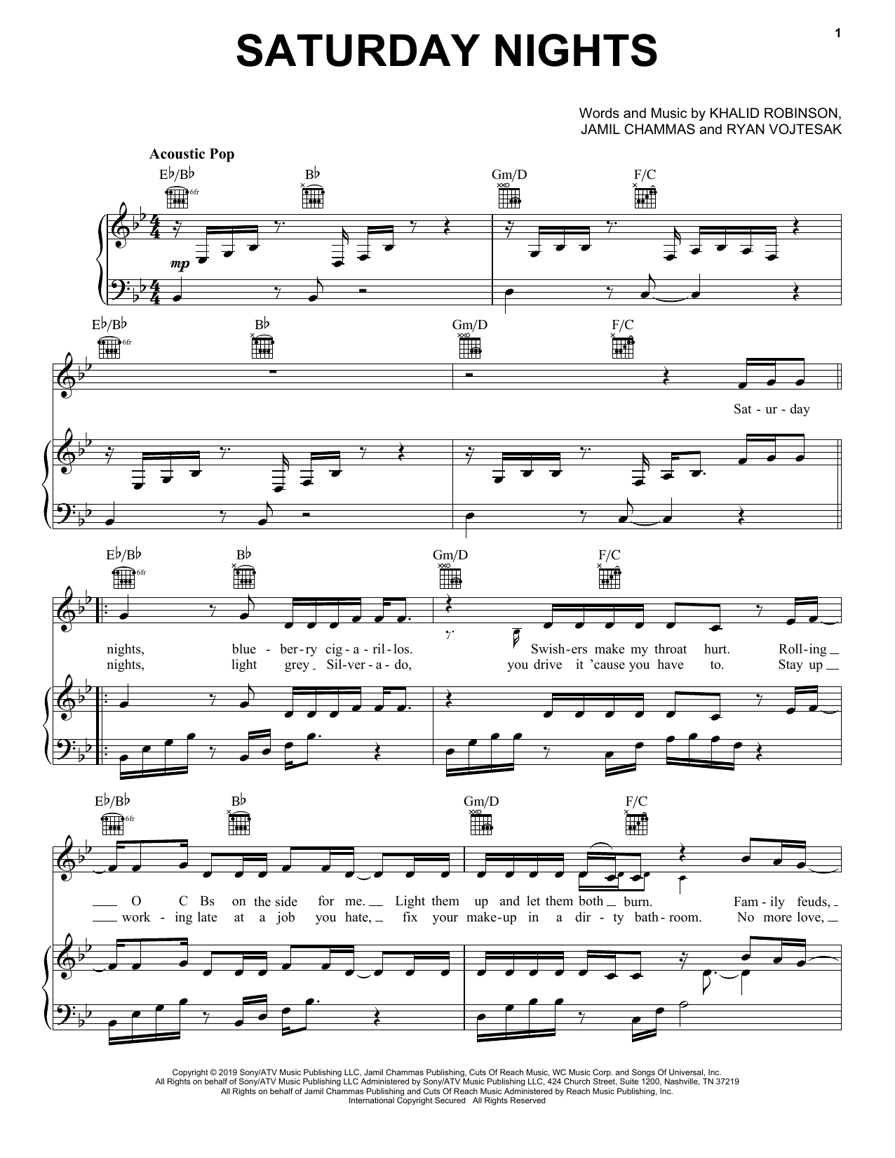 Khalid Saturday Nights Sheet Music Notes & Chords for Piano, Vocal & Guitar (Right-Hand Melody) - Download or Print PDF