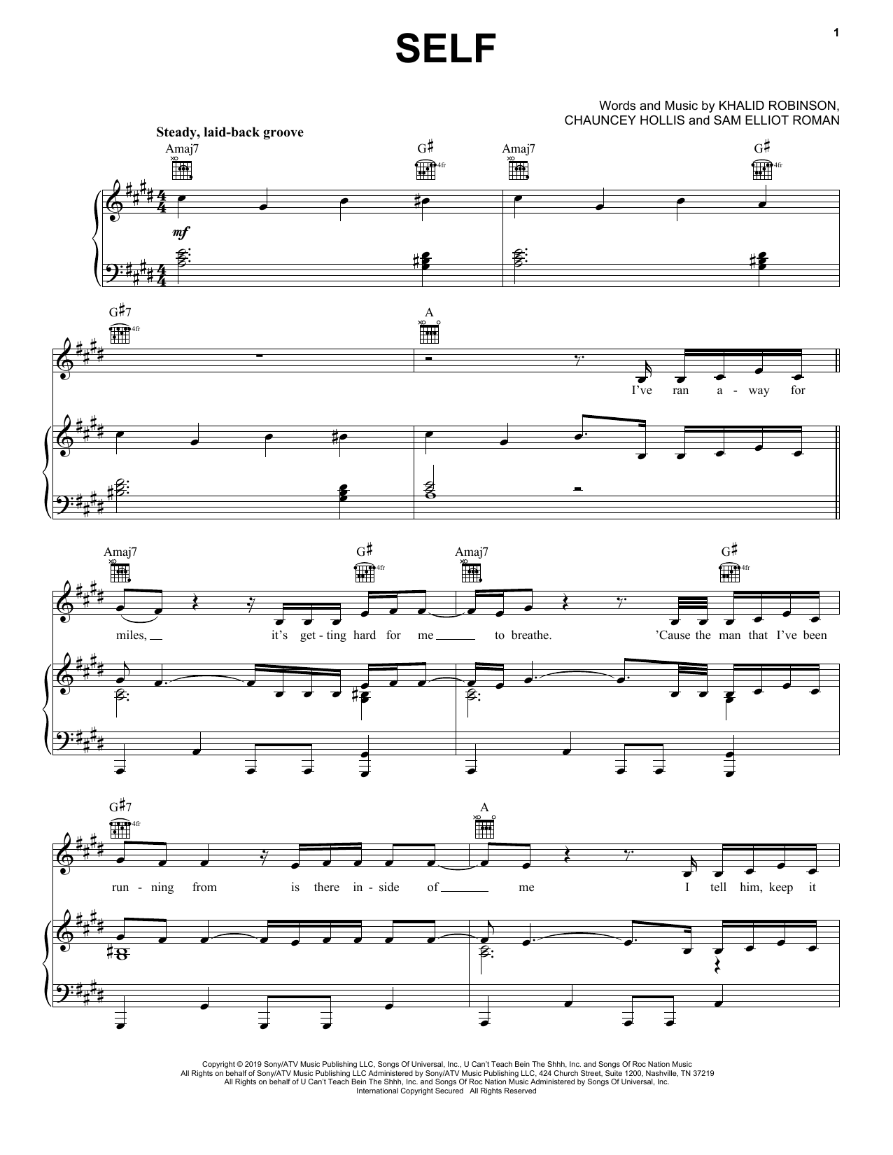 Khalid Self Sheet Music Notes & Chords for Piano, Vocal & Guitar (Right-Hand Melody) - Download or Print PDF