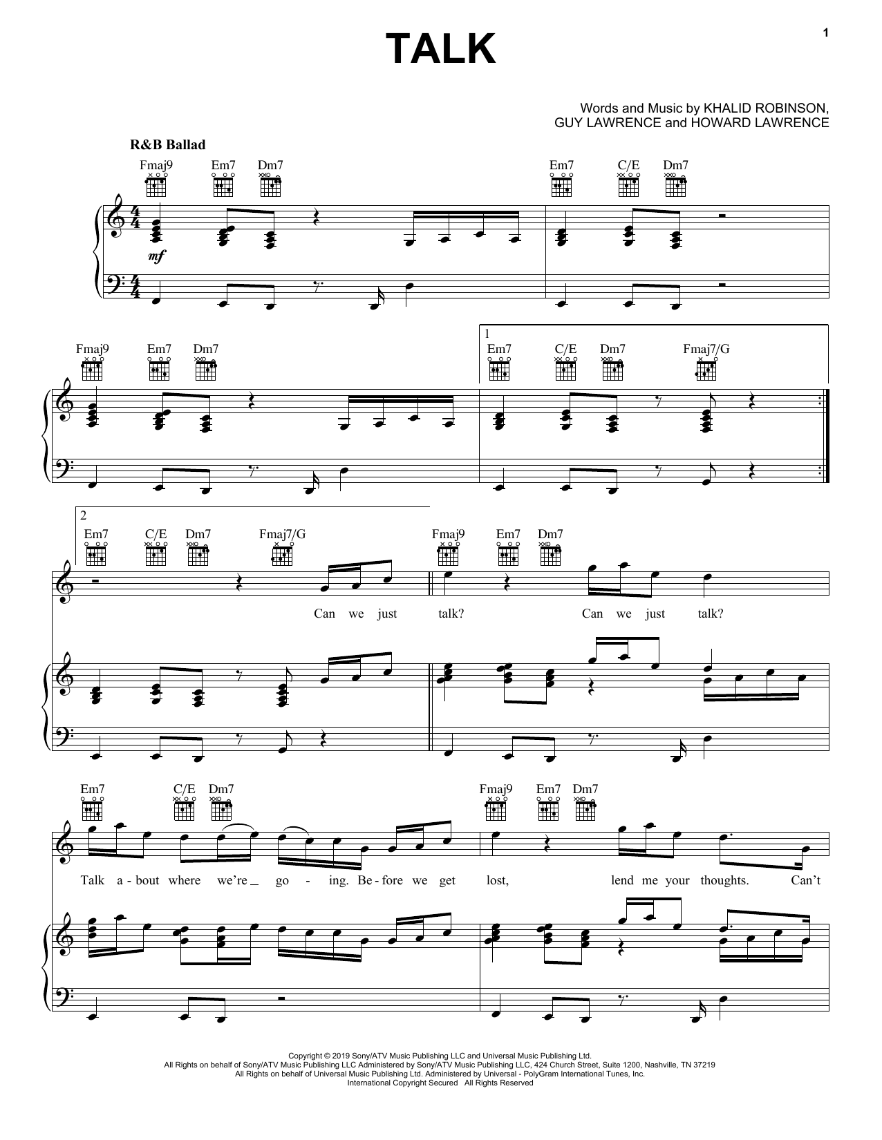 Khalid Talk Sheet Music Notes & Chords for Big Note Piano - Download or Print PDF
