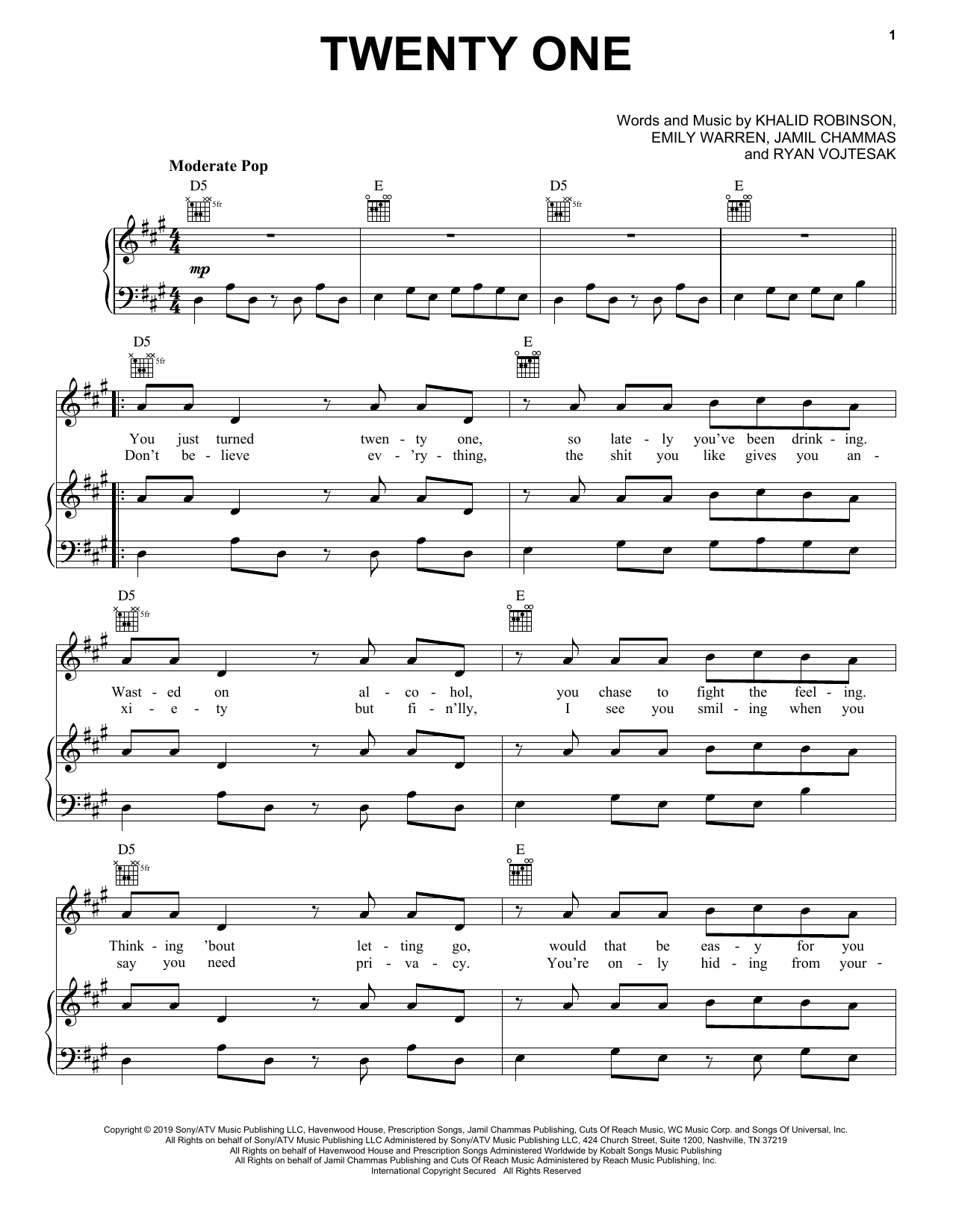 Khalid Twenty One Sheet Music Notes & Chords for Piano, Vocal & Guitar (Right-Hand Melody) - Download or Print PDF