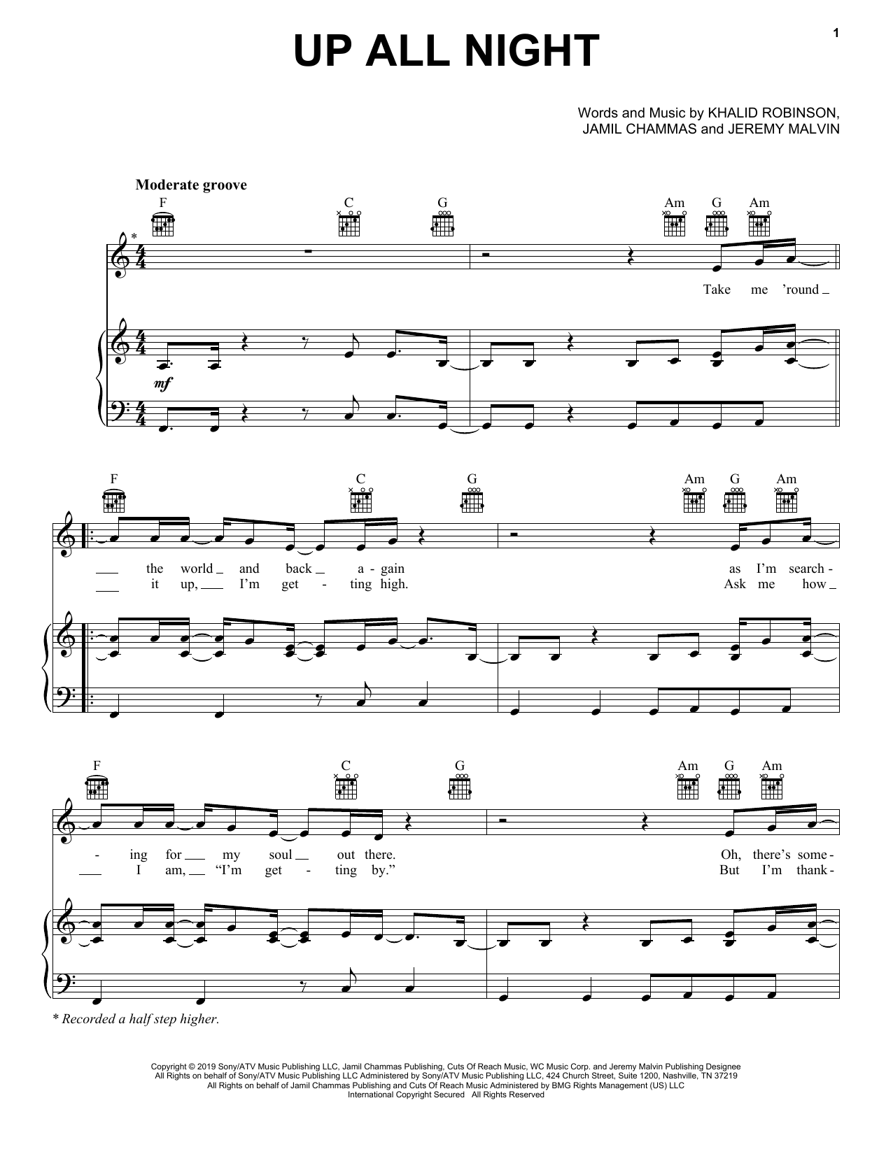 Khalid Up All Night Sheet Music Notes & Chords for Piano, Vocal & Guitar (Right-Hand Melody) - Download or Print PDF