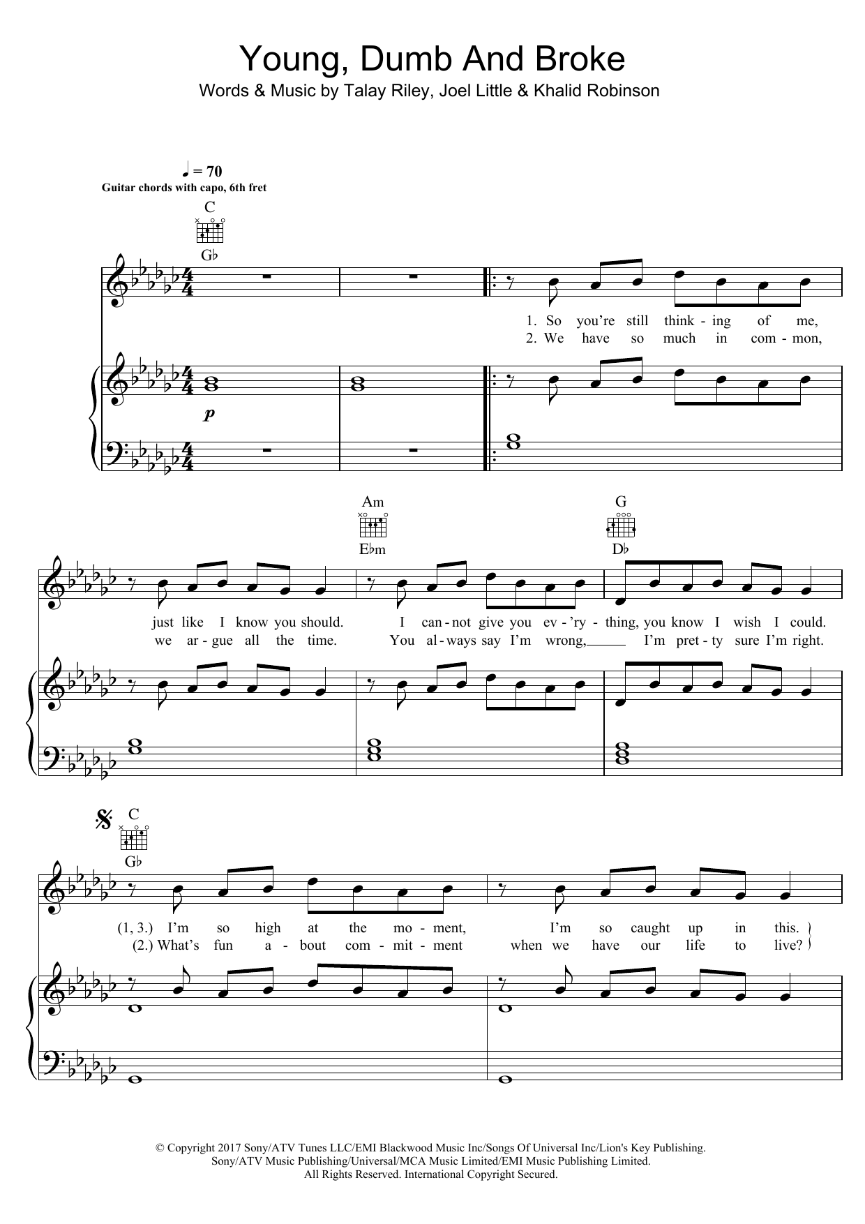 Khalid Young, Dumb And Broke Sheet Music Notes & Chords for Piano, Vocal & Guitar (Right-Hand Melody) - Download or Print PDF