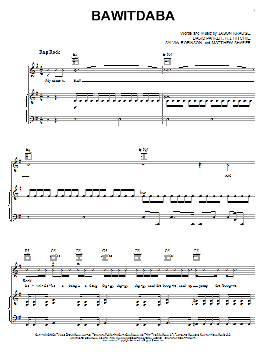 Kid Rock Bawitdaba Sheet Music Notes & Chords for Easy Guitar Tab - Download or Print PDF