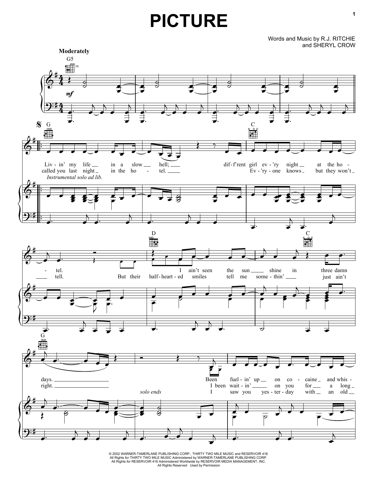 Kid Rock Picture Sheet Music Notes & Chords for Piano, Vocal & Guitar (Right-Hand Melody) - Download or Print PDF