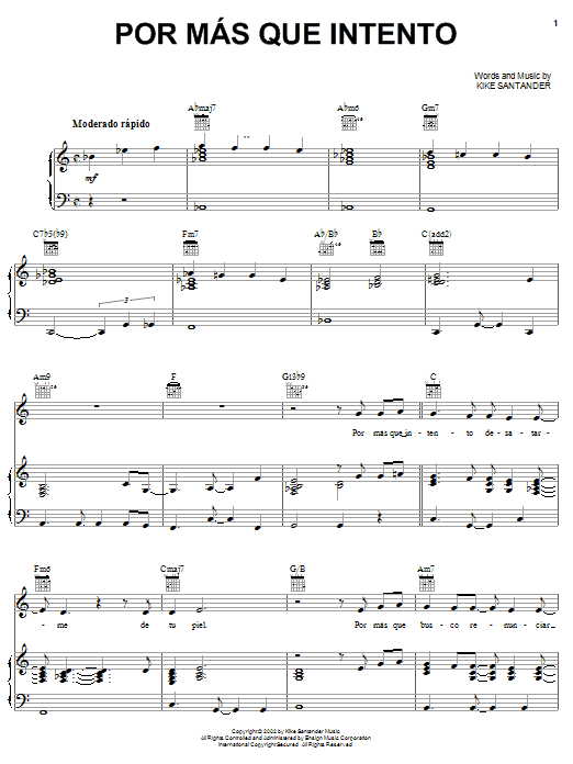 Kike Santander Por Mas Que Intento Sheet Music Notes & Chords for Piano, Vocal & Guitar (Right-Hand Melody) - Download or Print PDF