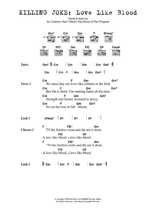 Killing Joke Love Like Blood Sheet Music Notes & Chords for Lyrics & Chords - Download or Print PDF