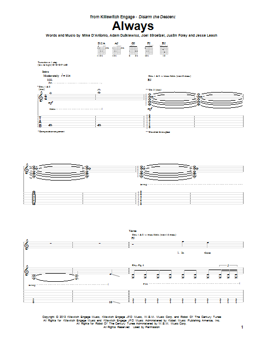 Killswitch Engage Always Sheet Music Notes & Chords for Guitar Tab - Download or Print PDF