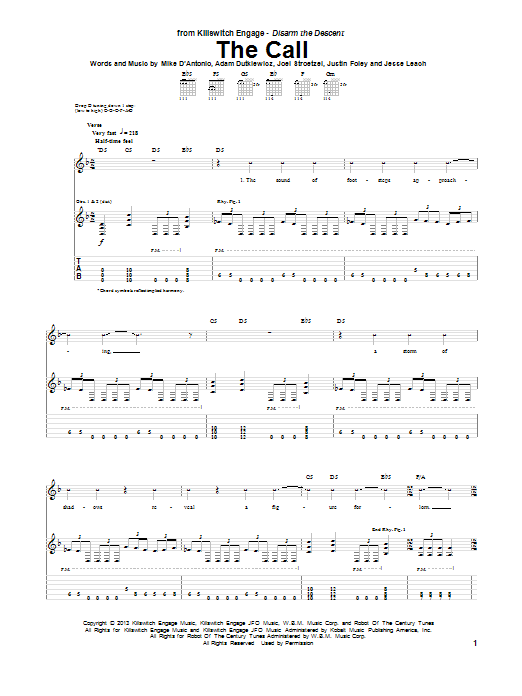 Killswitch Engage The Call Sheet Music Notes & Chords for Guitar Tab - Download or Print PDF