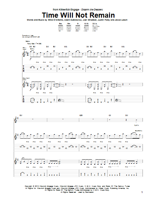 Killswitch Engage Time Will Not Remain Sheet Music Notes & Chords for Guitar Tab - Download or Print PDF