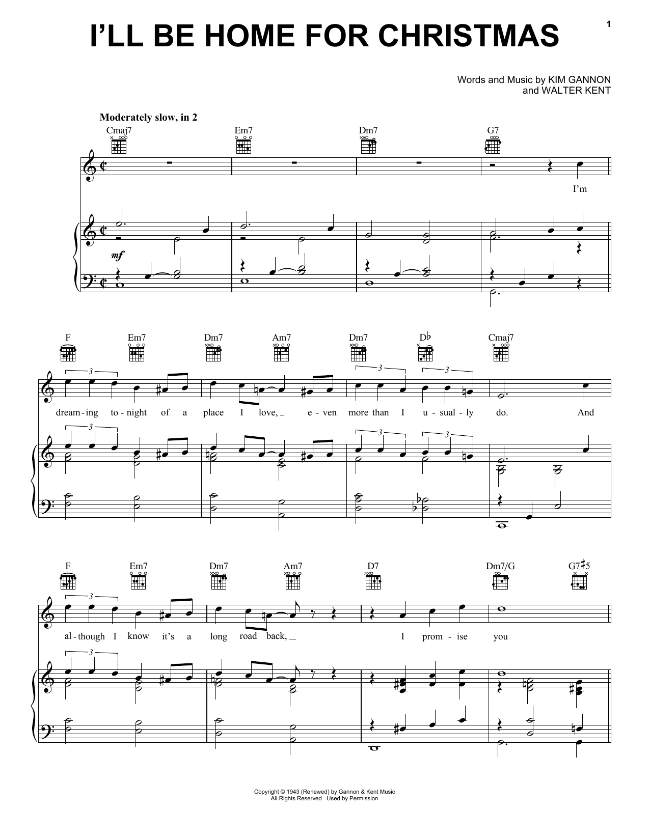 Kim Gannon & Walter Kent I'll Be Home For Christmas Sheet Music Notes & Chords for Piano, Vocal & Guitar (Right-Hand Melody) - Download or Print PDF
