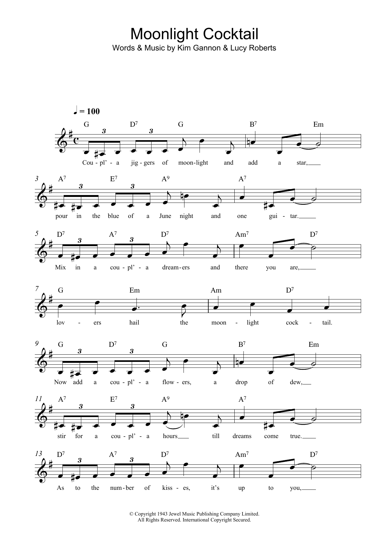 Kim Gannon Moonlight Cocktail Sheet Music Notes & Chords for Lead Sheet / Fake Book - Download or Print PDF