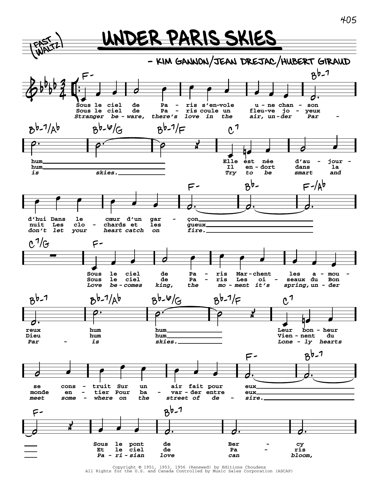 Kim Gannon Under Paris Skies (High Voice) Sheet Music Notes & Chords for Real Book – Melody, Lyrics & Chords - Download or Print PDF