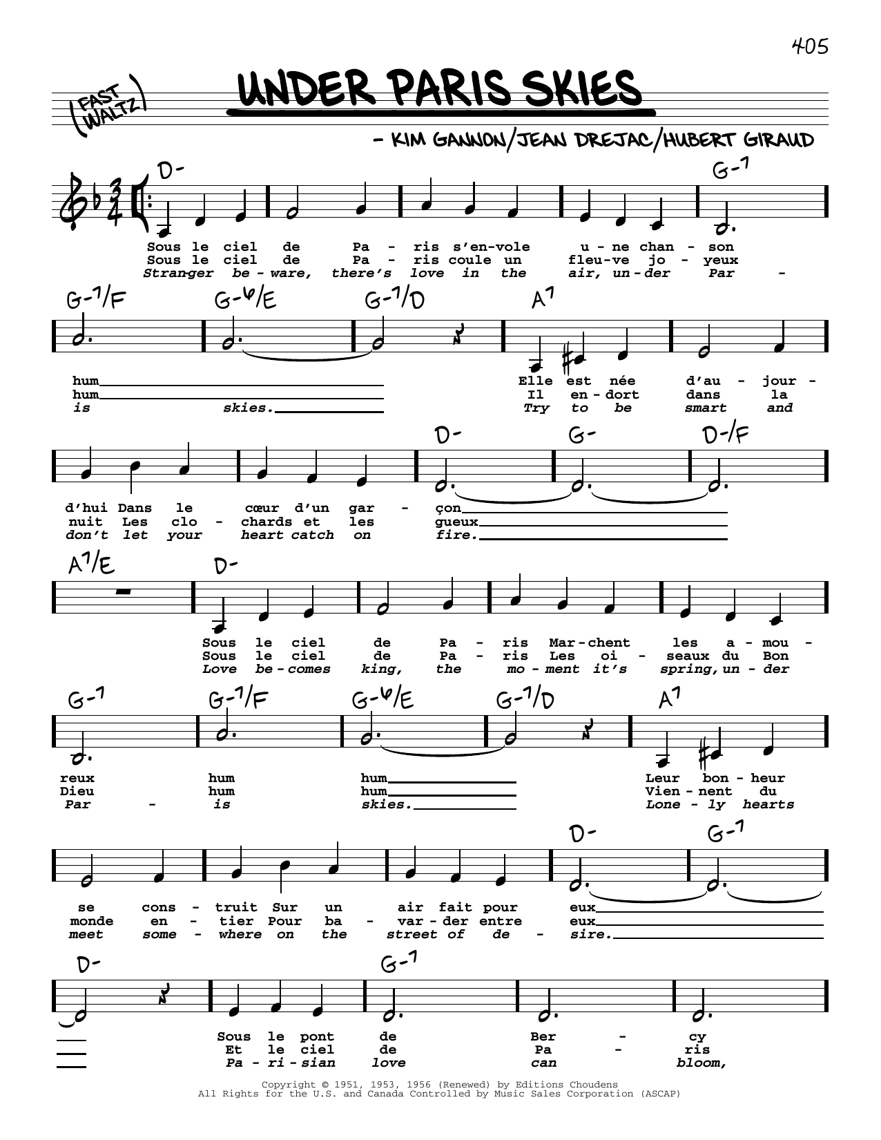 Kim Gannon Under Paris Skies (Low Voice) Sheet Music Notes & Chords for Real Book – Melody, Lyrics & Chords - Download or Print PDF