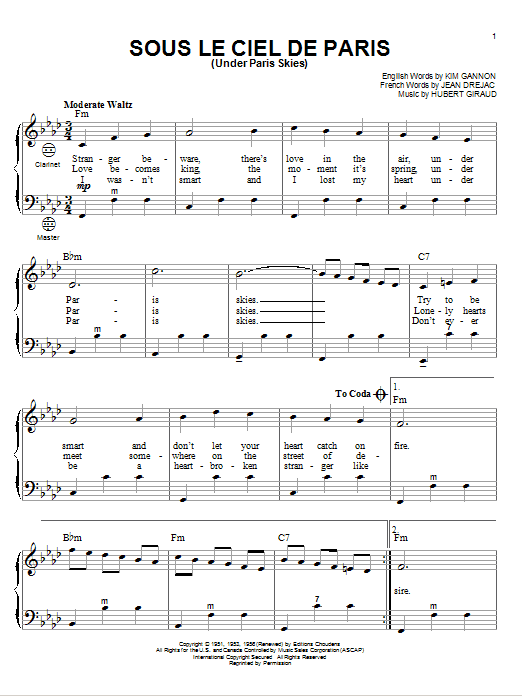 Kim Gannon Under Paris Skies Sheet Music Notes & Chords for Piano, Vocal & Guitar (Right-Hand Melody) - Download or Print PDF