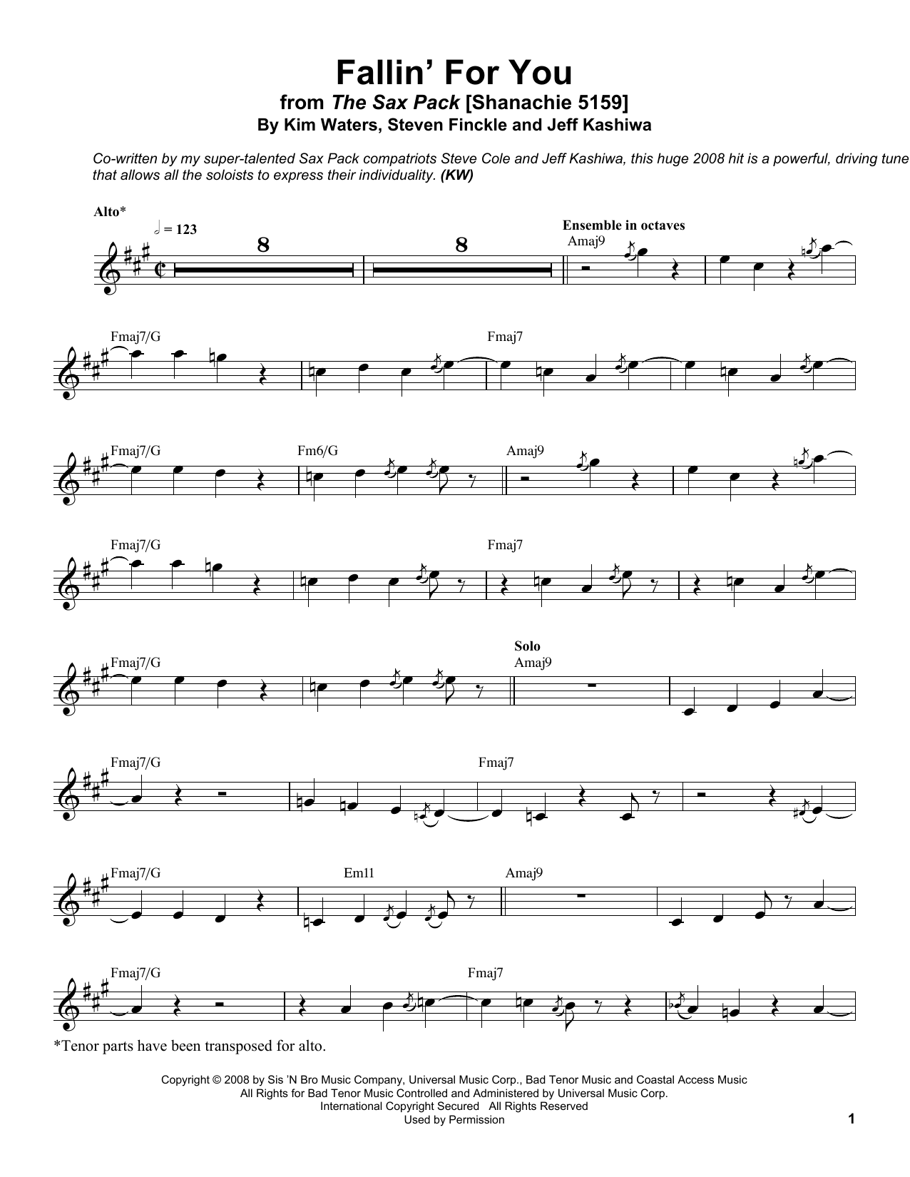 Kim Waters Fallin' For You Sheet Music Notes & Chords for Alto Sax Transcription - Download or Print PDF