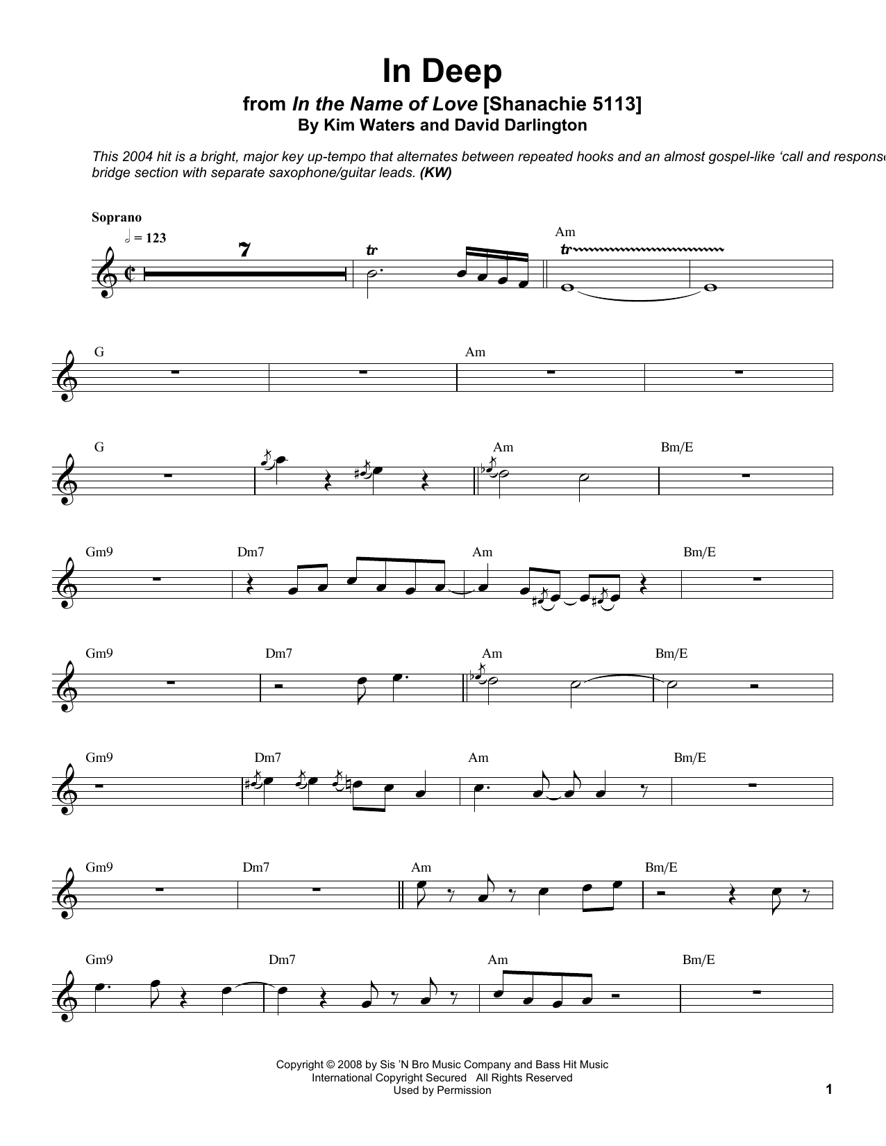 Kim Waters In Deep Sheet Music Notes & Chords for Soprano Sax Transcription - Download or Print PDF