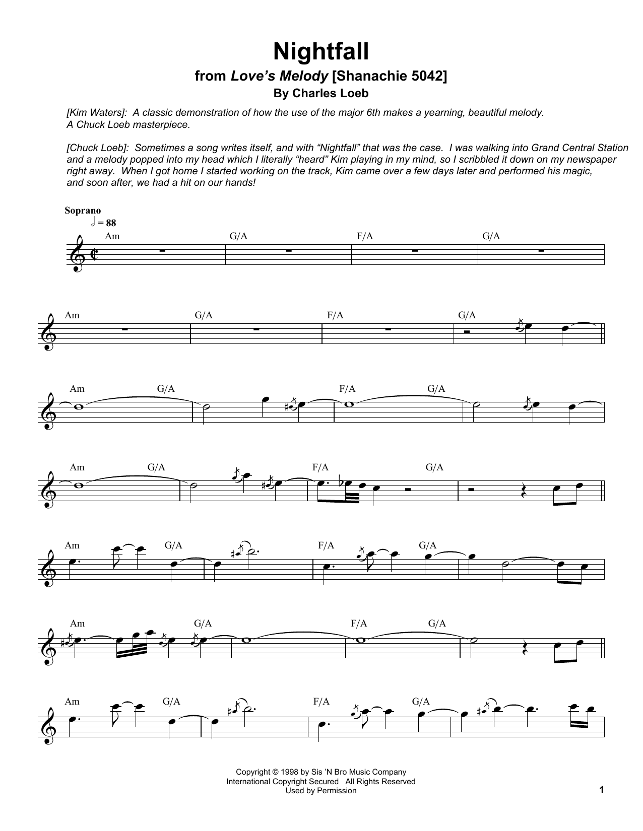 Kim Waters Nightfall Sheet Music Notes & Chords for Soprano Sax Transcription - Download or Print PDF