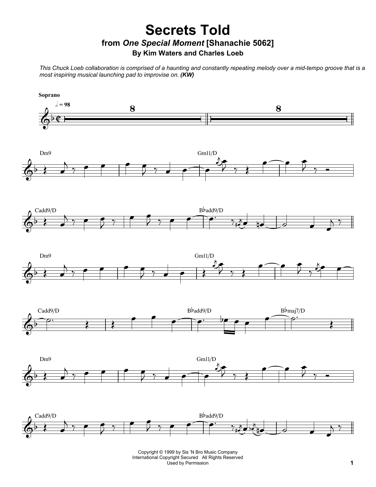 Kim Waters Secrets Told Sheet Music Notes & Chords for Soprano Sax Transcription - Download or Print PDF