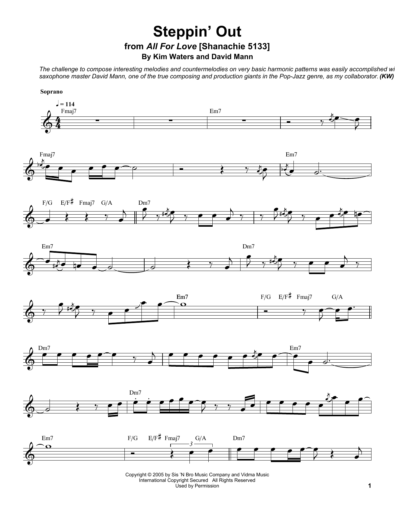 Kim Waters Steppin' Out Sheet Music Notes & Chords for Soprano Sax Transcription - Download or Print PDF