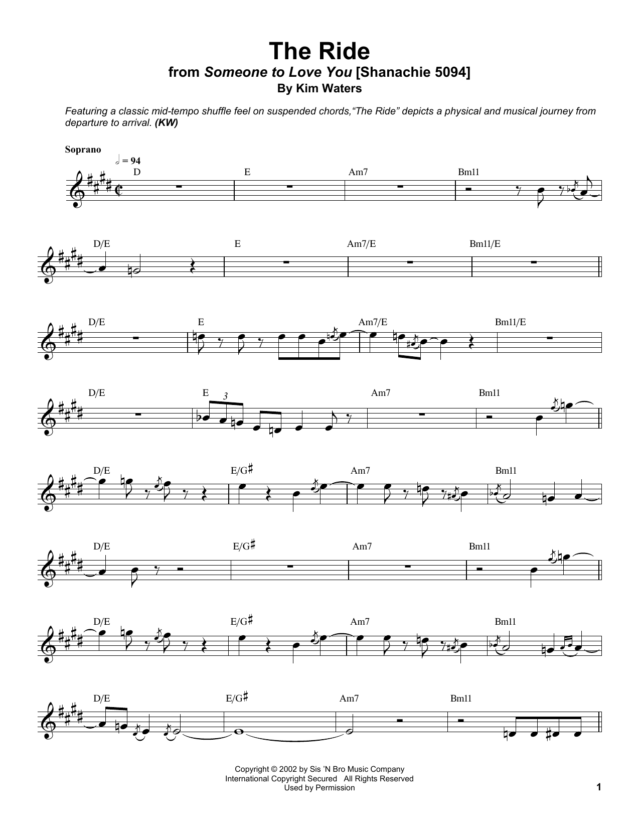 Kim Waters The Ride Sheet Music Notes & Chords for Soprano Sax Transcription - Download or Print PDF