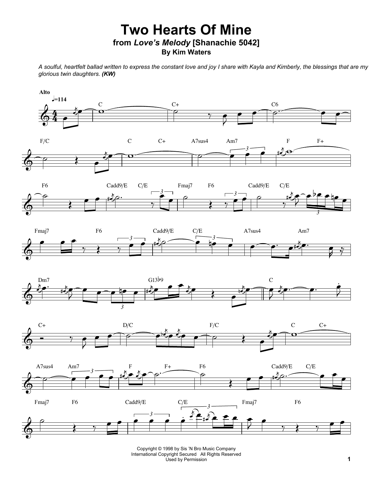 Kim Waters Two Hearts Of Mine Sheet Music Notes & Chords for Alto Sax Transcription - Download or Print PDF