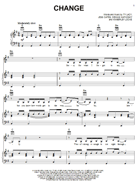 Kimberley Locke Change Sheet Music Notes & Chords for Piano, Vocal & Guitar (Right-Hand Melody) - Download or Print PDF