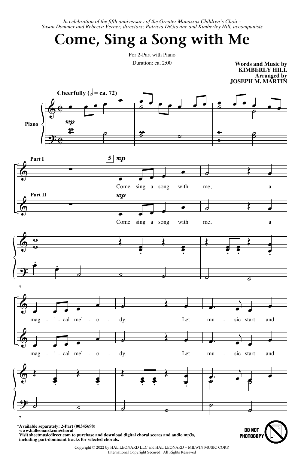 Kimberly Hill Come, Sing A Song With Me (arr. Joseph M. Martin) Sheet Music Notes & Chords for 2-Part Choir - Download or Print PDF