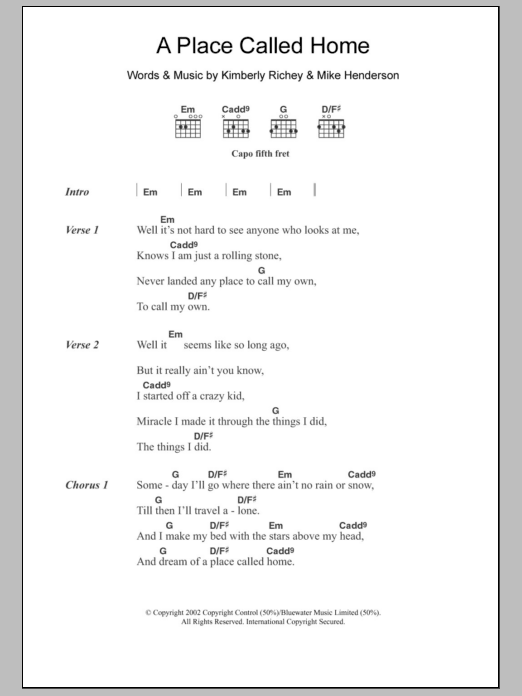 Kimberly Richey A Place Called Home Sheet Music Notes & Chords for Lyrics & Chords - Download or Print PDF