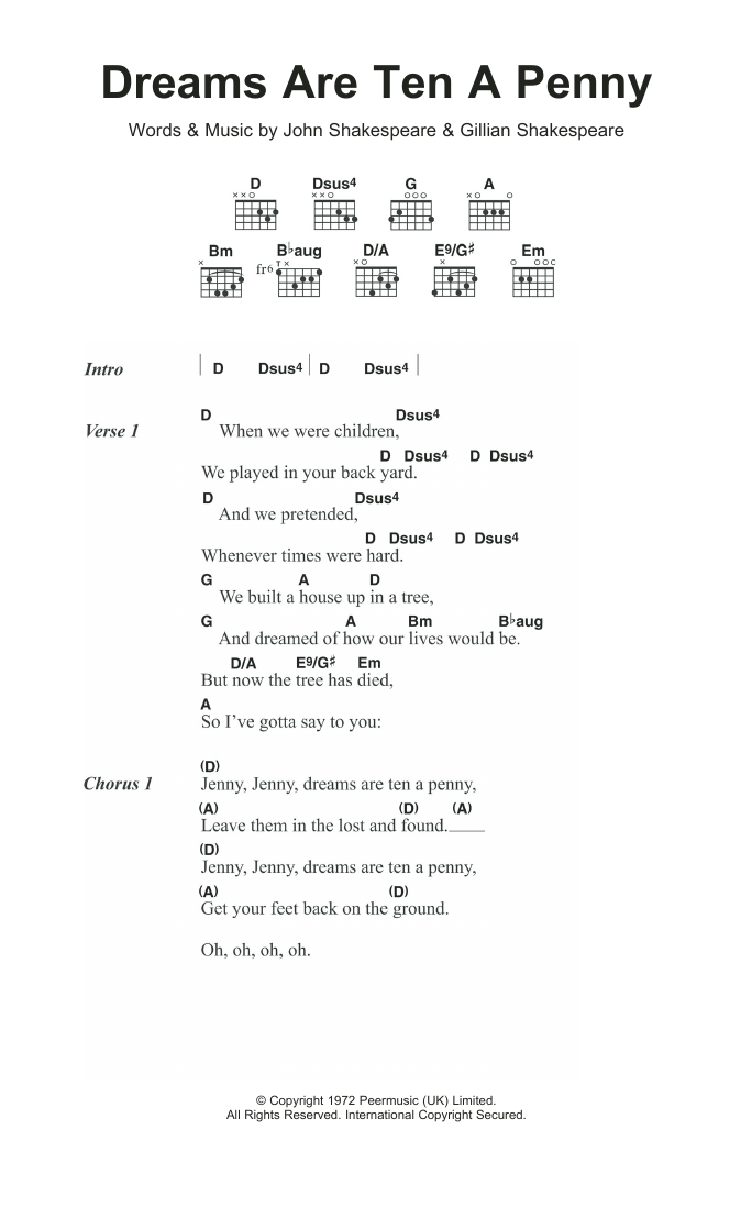 Kincade Dreams Are Ten A Penny Sheet Music Notes & Chords for Lyrics & Chords - Download or Print PDF