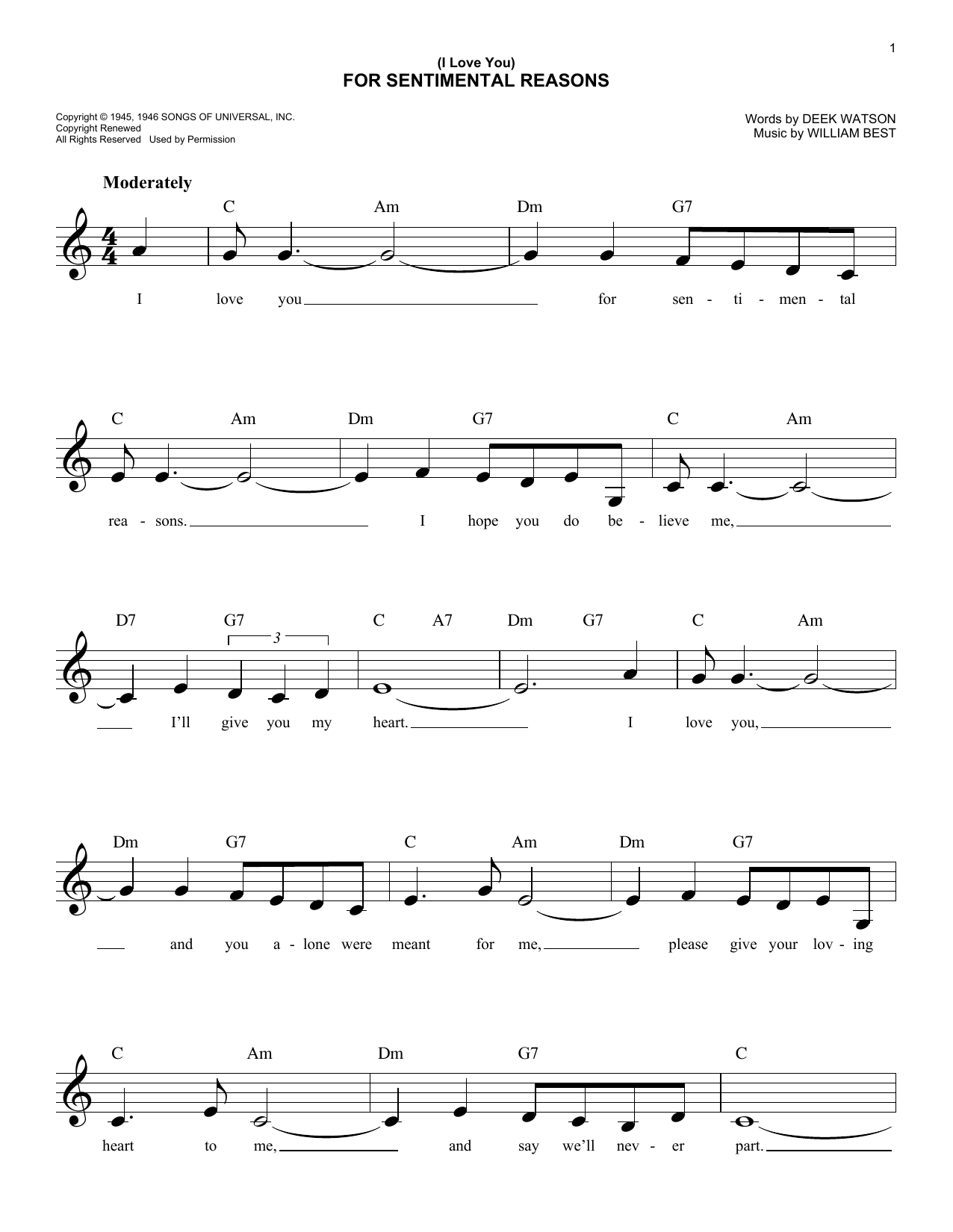 King Cole Trio (I Love You) For Sentimental Reasons Sheet Music Notes & Chords for Easy Piano - Download or Print PDF