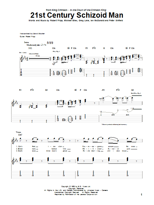 King Crimson 21st Century Schizoid Man Sheet Music Notes & Chords for Guitar Tab - Download or Print PDF