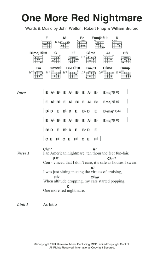 King Crimson One More Red Nightmare Sheet Music Notes & Chords for Lyrics & Chords - Download or Print PDF