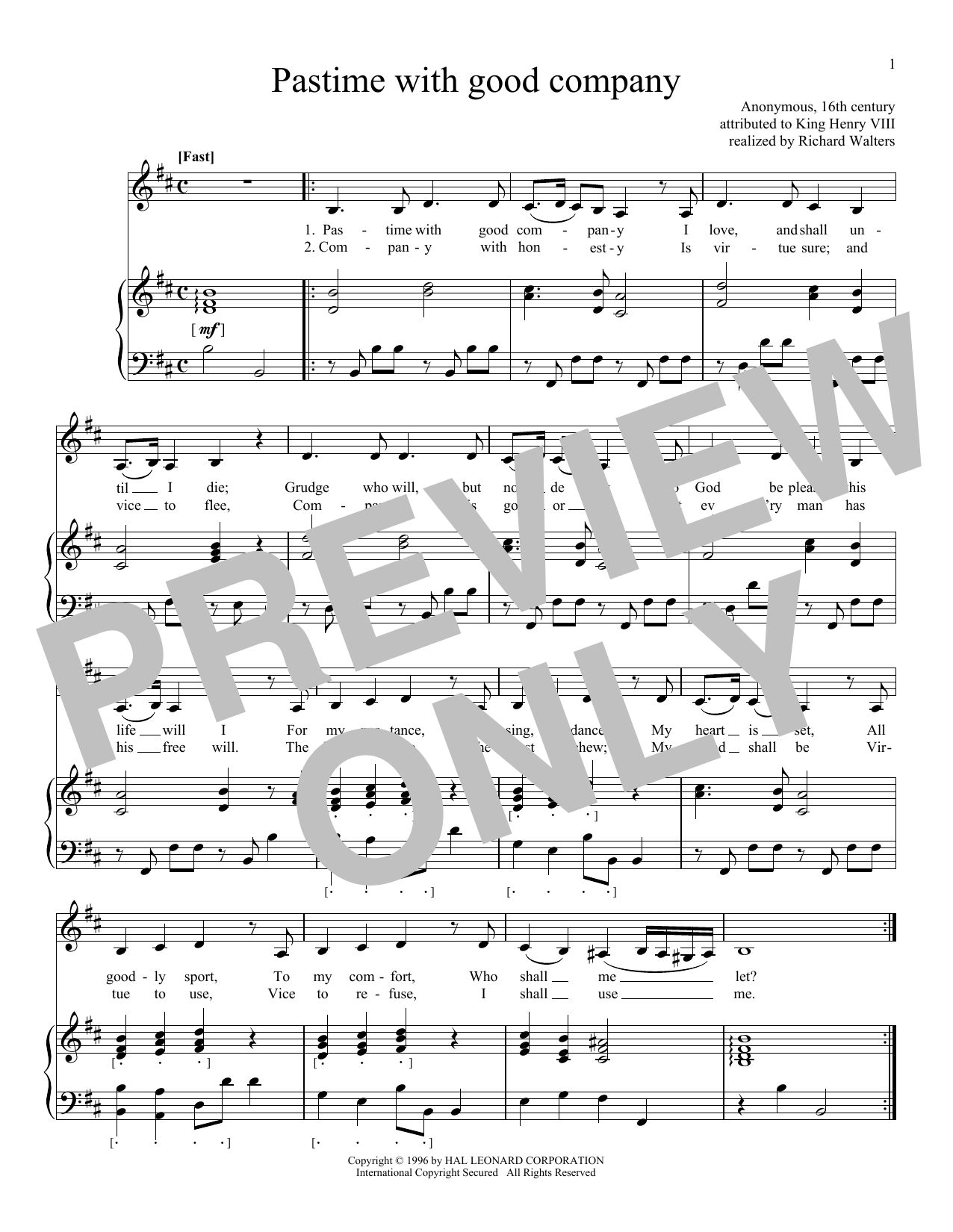 King Henry VIII Pastime With Good Company Sheet Music Notes & Chords for Piano & Vocal - Download or Print PDF