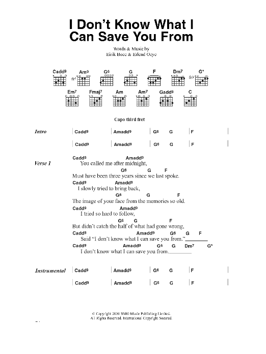 Kings Of Convenience I Don't Know What I Can Save You From Sheet Music Notes & Chords for Lyrics & Chords - Download or Print PDF