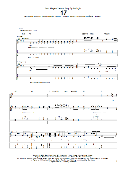 Kings Of Leon 17 Sheet Music Notes & Chords for Piano, Vocal & Guitar (Right-Hand Melody) - Download or Print PDF