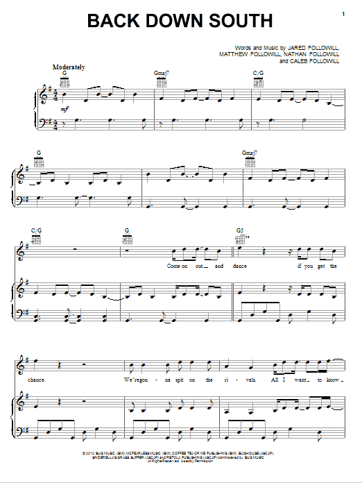 Kings Of Leon Back Down South Sheet Music Notes & Chords for Piano, Vocal & Guitar (Right-Hand Melody) - Download or Print PDF