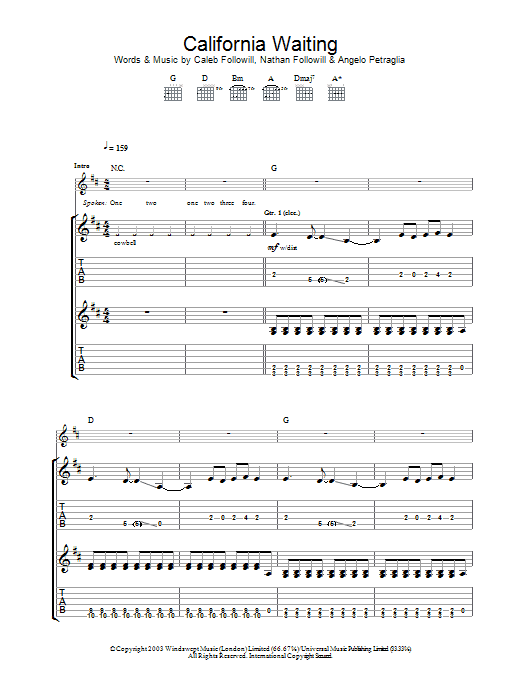 Kings Of Leon California Waiting Sheet Music Notes & Chords for Guitar Tab - Download or Print PDF