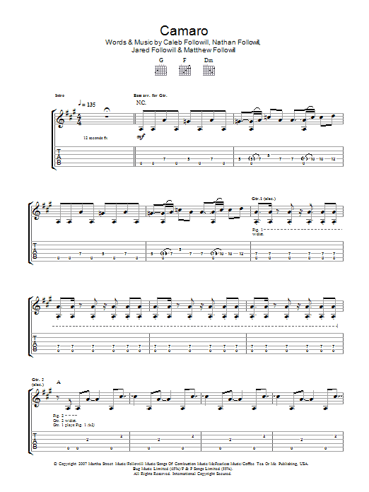 Kings Of Leon Camaro Sheet Music Notes & Chords for Guitar Tab - Download or Print PDF