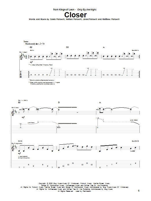 Kings Of Leon Closer Sheet Music Notes & Chords for Guitar Tab - Download or Print PDF