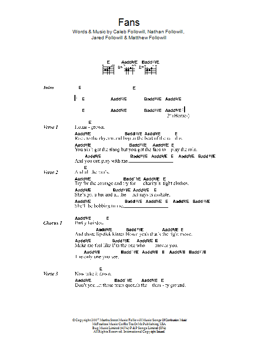 Kings Of Leon Fans Sheet Music Notes & Chords for Lyrics & Chords - Download or Print PDF