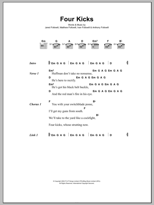 Kings Of Leon Four Kicks Sheet Music Notes & Chords for Lyrics & Chords - Download or Print PDF