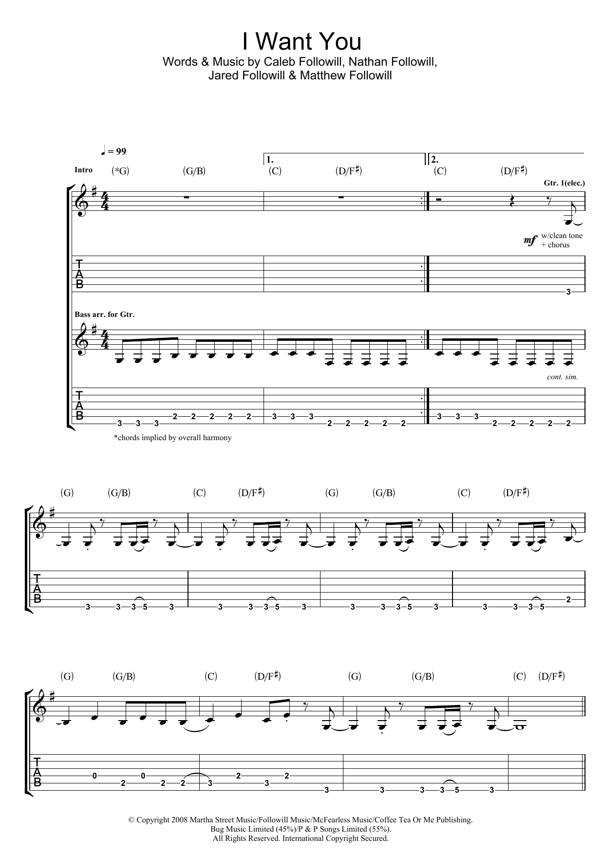 Kings Of Leon I Want You Sheet Music Notes & Chords for Piano, Vocal & Guitar (Right-Hand Melody) - Download or Print PDF