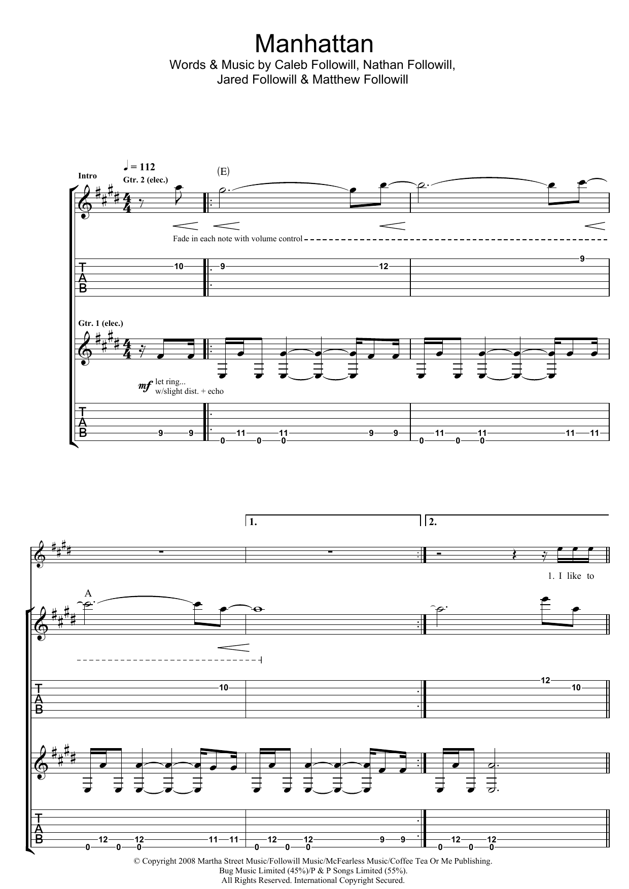 Kings Of Leon Manhattan Sheet Music Notes & Chords for Guitar Tab - Download or Print PDF