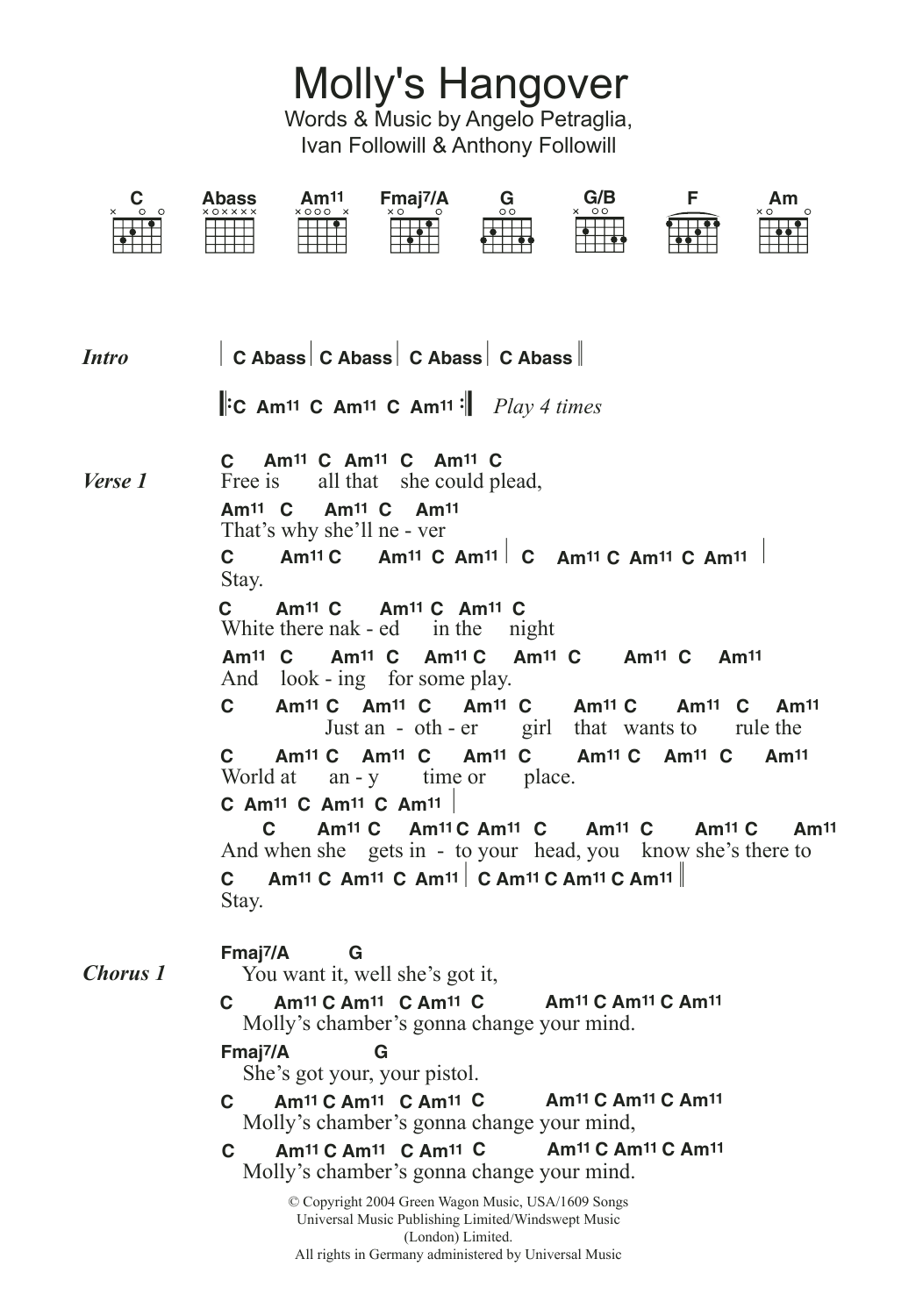 Kings Of Leon Molly's Hangover Sheet Music Notes & Chords for Lyrics & Chords - Download or Print PDF