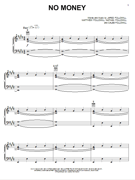 Kings Of Leon No Money Sheet Music Notes & Chords for Piano, Vocal & Guitar (Right-Hand Melody) - Download or Print PDF