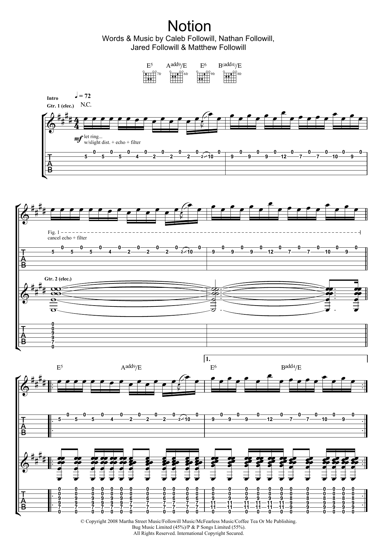 Kings Of Leon Notion Sheet Music Notes & Chords for Guitar Tab - Download or Print PDF