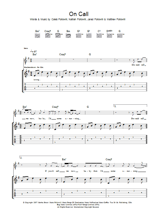 Kings Of Leon On Call Sheet Music Notes & Chords for Guitar Tab Play-Along - Download or Print PDF