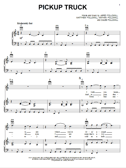 Kings Of Leon Pickup Truck Sheet Music Notes & Chords for Piano, Vocal & Guitar (Right-Hand Melody) - Download or Print PDF