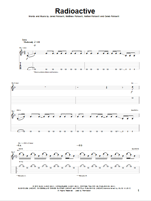 Kings Of Leon Radioactive Sheet Music Notes & Chords for Guitar Tab Play-Along - Download or Print PDF