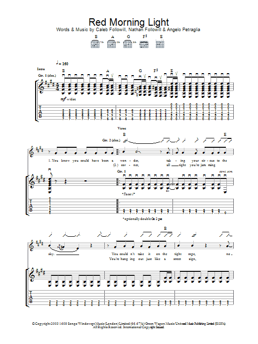 Kings Of Leon Red Morning Light Sheet Music Notes & Chords for Lyrics & Chords - Download or Print PDF
